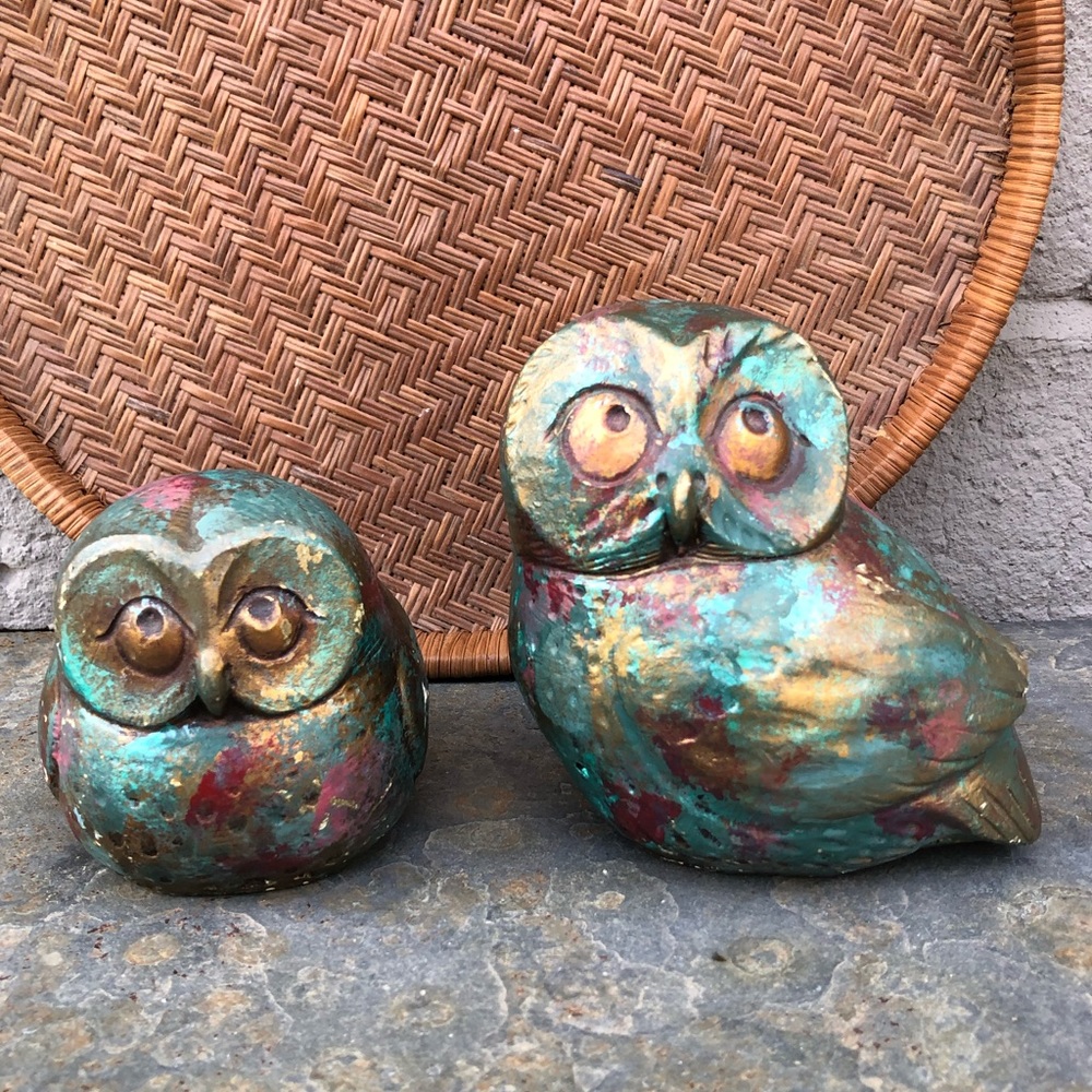 Vintage/Retro/70s Gold/Turquoise/Burgundy Plaster Owls By Jaru - MCM/Boho